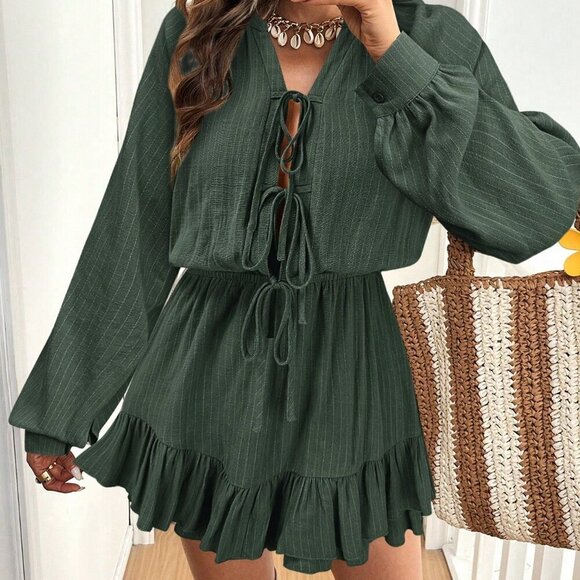 Green Casual Women's Long Sleeve Jumpsuit - Picture 4 of 6